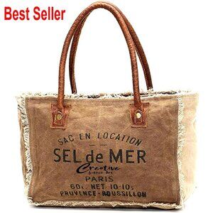 Canvas Tote Bag with Leather Handles, Shoulder Bag, Casual Everyday Purse